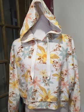 Disney Minnie Mouse Pullover cropped Hoodie White with Brown & Tan Accents SZ S